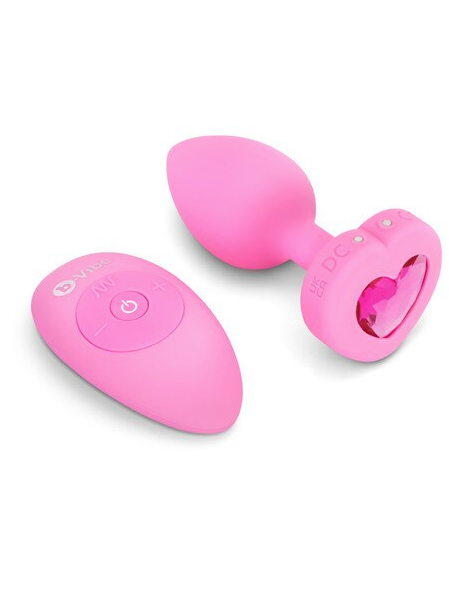 Pink b-Vibe Jewelled Heart Plug – Body-safe silicone plug with ergonomic design, delivering internal and external stimulation via remote control.