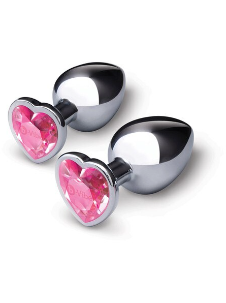 b-Vibe Jewel Metal Training Set – compact stainless steel anal plugs with pink heart gem base, designed for comfortable anal training and intimate play, shown on white background