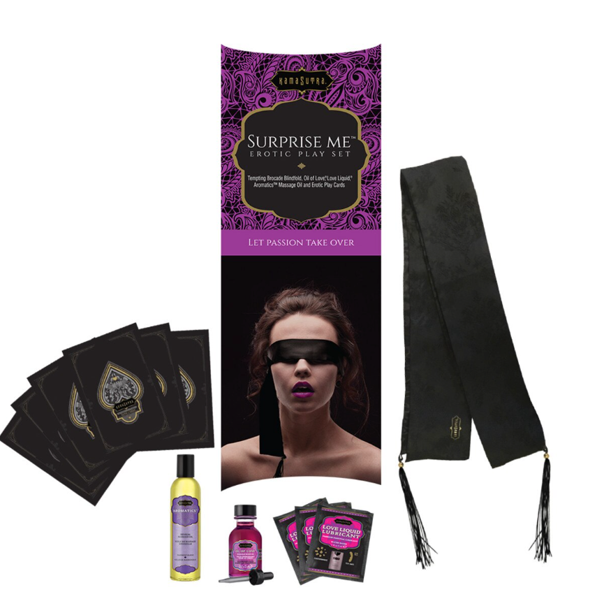 Kama Sutra Surprise Me Erotic Play Set – couples kit featuring satin blindfold, massage oil, love liquid lubricant, erotic play cards, and accessories for sensual exploration, displayed on white background