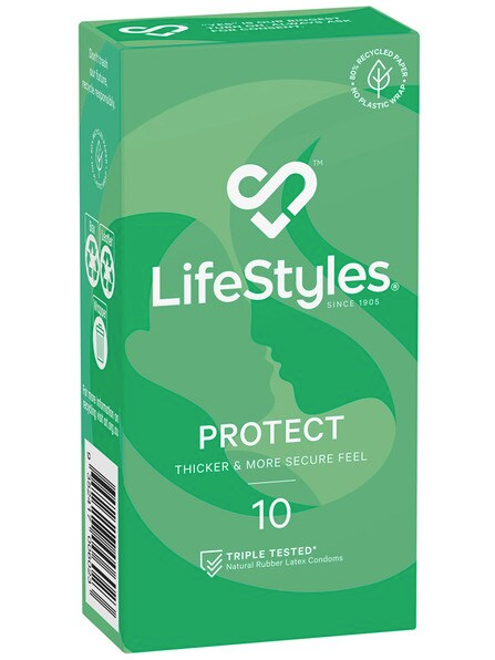 LifeStyles Protect 10-pack condoms – premium latex condoms with a thicker, more secure feel, triple-tested for safety and reliability, shown in retail box on white background