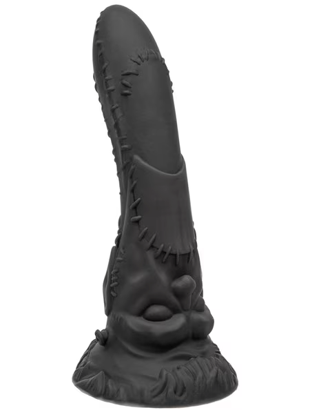 Monster Dong Frankenstein’s Monster Edition – textured black silicone fantasy dildo with stitched design and sculpted base for deep penetration and intense stimulation, shown on white background