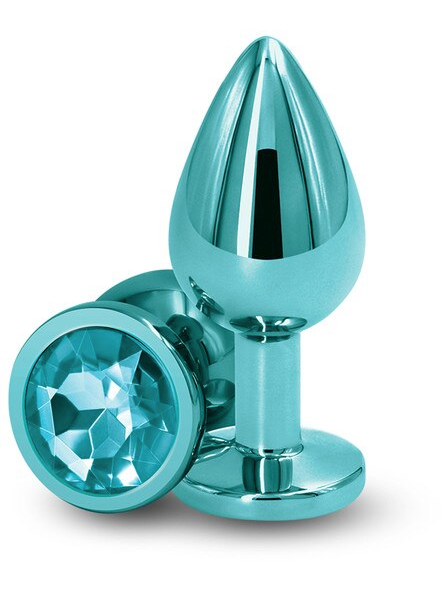 Rear Assets Medium Teal – medium-sized metal anal plug with sparkling gem base, designed for comfortable anal play and intimate exploration, shown on white background