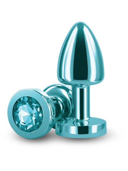 Rear Assets Petite Teal – compact metal anal plug with sparkling gem base, designed for safe and comfortable anal play, shown on white background