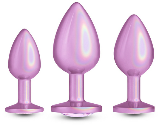Rear Assets Trainer Kit – set of three iridescent pink anal plugs with gem base and tapered ergonomic design for progressive, comfortable anal training, shown on white background