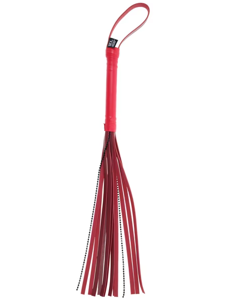 Sex & Mischief Ex’s and Oh’s Crystal Flogger – 13-inch red faux leather flogger with black crystal accents, designed for light BDSM, spanking, and sensual roleplay, shown on white background
