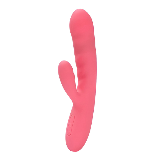 Svakom Avery Strawberry Pink Powerful Thrusting Rabbit Vibrator with dual stimulation design on white background