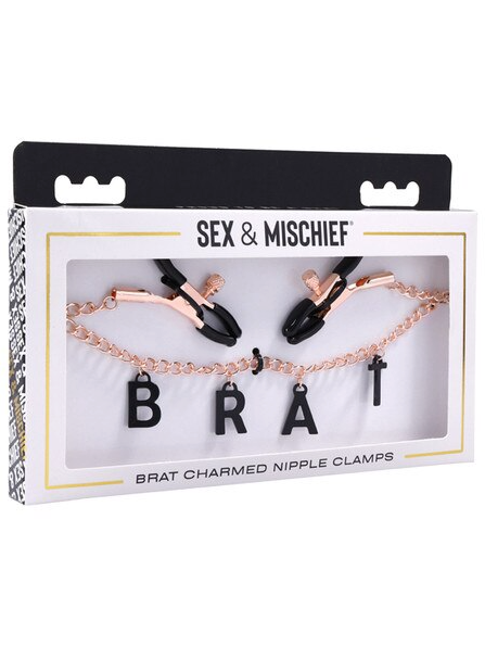 Sex and Mischief Brat Charmed Nipple Clamps – Adjustable metal clamps with decorative charms, designed for safe and stimulating nipple play.