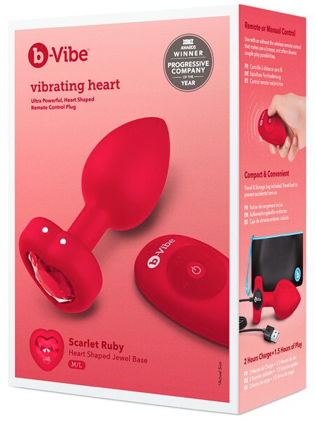 b-Vibe Remote Control Vibrating Jewelled Heart Plug (Red)