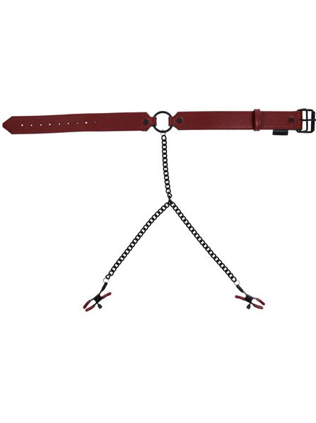 Saffron Collar with Nipple Clamps – Versatile bondage accessory for enhancing arousal, trust, and playful intimacy.