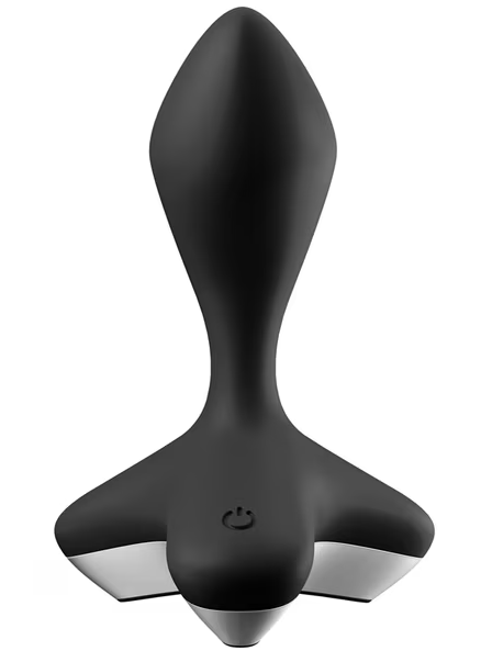 Front view of Satisfyer Game Changer Black anal vibrator showing tapered bulb and base