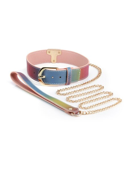 Spectra Bondage Collar and Leash Rainbow with holographic finish, gold chain, and adjustable buckle
