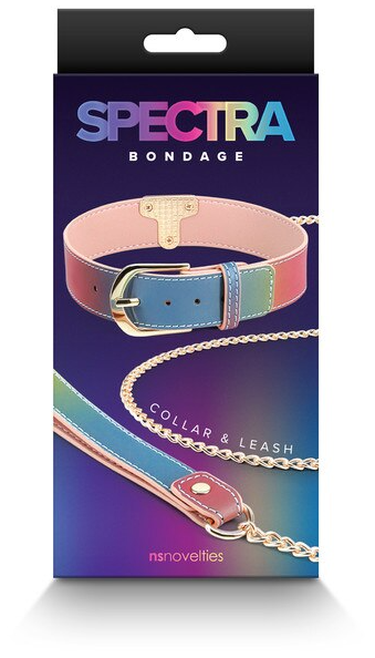 Spectra Bondage Collar and Leash Rainbow retail packaging showing holographic collar and gold chain leash