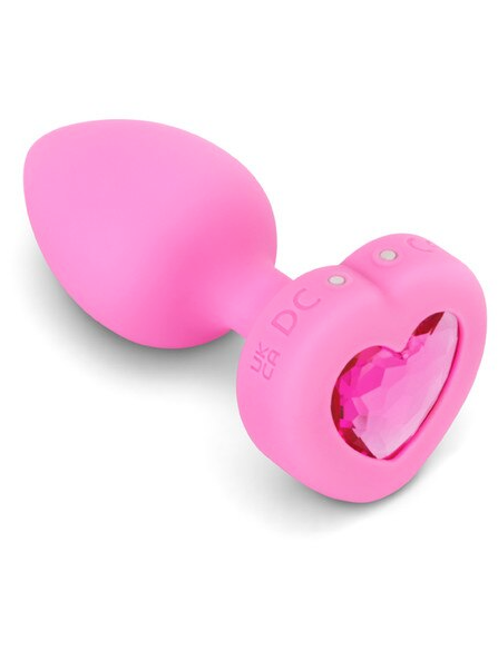 b-Vibe Remote Control Anal Plug Pink – Vibrating plug featuring a sparkling heart jewel, perfect for solo or partnered anal play.