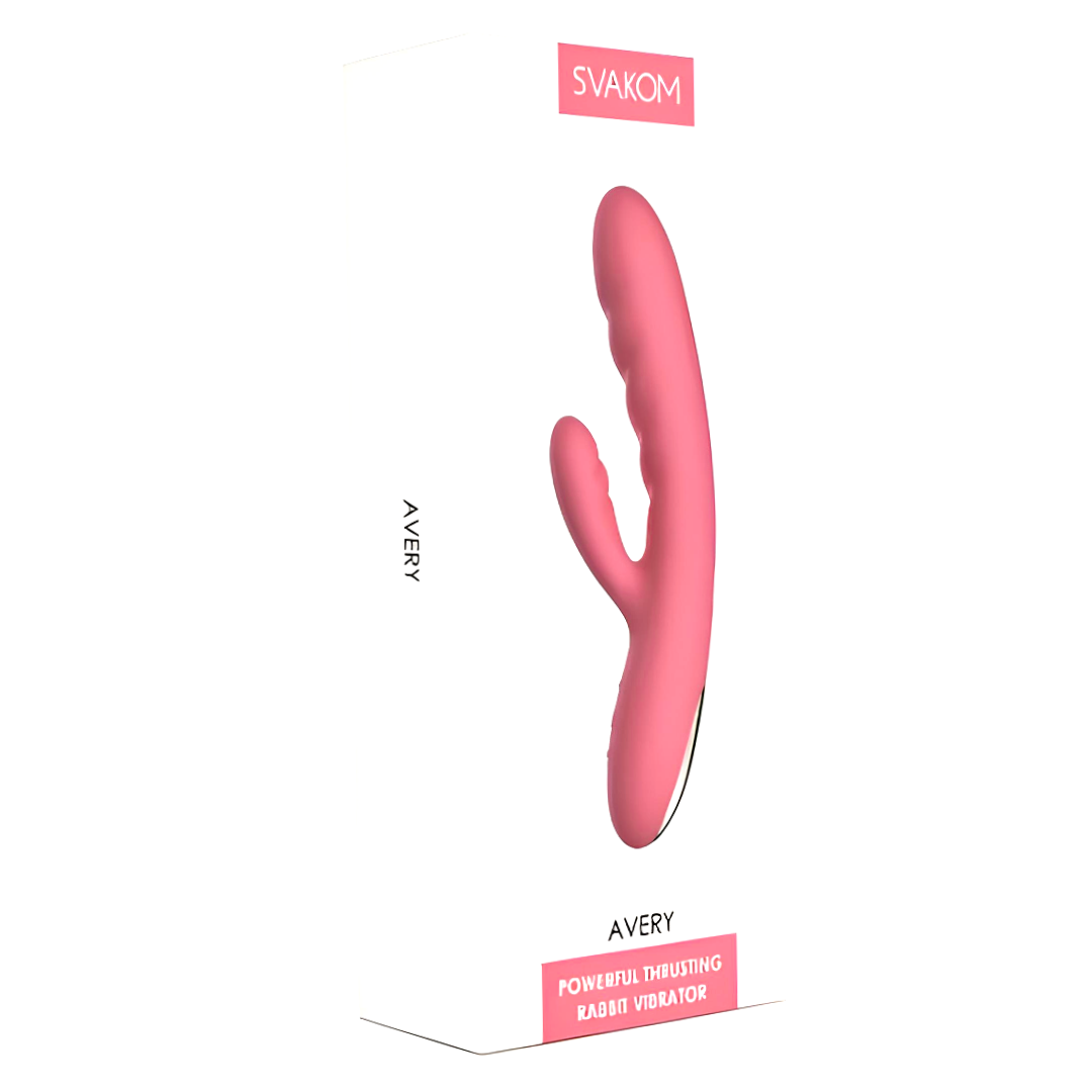 Svakom Avery Strawberry Pink Rabbit Vibrator packaging box with product displayed on white background